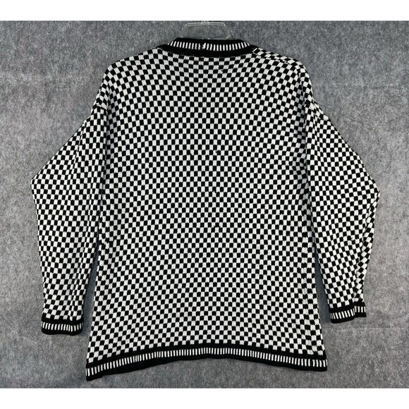Vintage Keds Black White Checker Knit Jacquard Sweater V-Neck Oversized Sz L? - Picture 3 of 10
